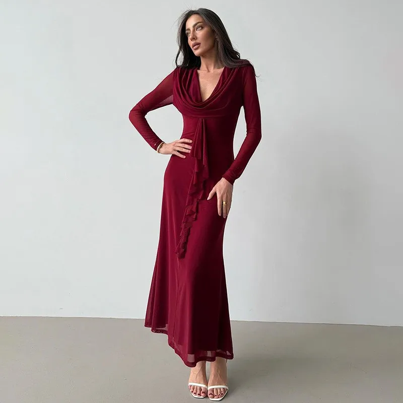 Outono novas mulheres maxi vestidos dupla moda camada malha streetwear mangas compridas vestido sólido sexy com decote em v vestidos femininos elegantes
