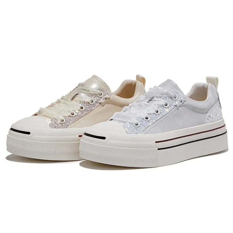 

2026 Summer Genuine Leather Sequins Platform Sneakers Women Height-Increasing Skateboard Shoes Anti-Slip Student Casual Shoes