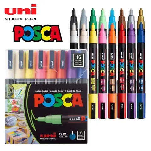 16pcs UNI PC-3M POSCA Markers Set Acrylic Pen 0.9-1.3mm Painting Graffiti High Quality Japanese Stationery Office Supplies