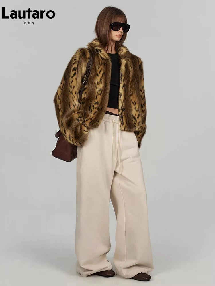 

Женская короткая теплая куртка Lautaro из искусственного меха норки с леопардовым принтом, осенне-зимняя, с воротником-стойкой, роскошная, пушистая, модная