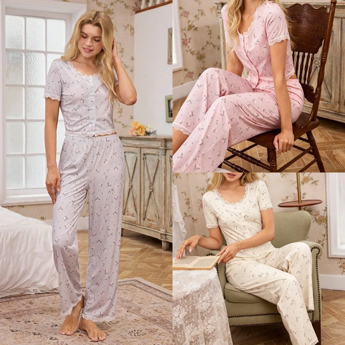 

Новый американский комплект домашней одежды в рубчик для женщин: удобный, с цветочным принтом, с коротким рукавом и длинными брюками, для лета