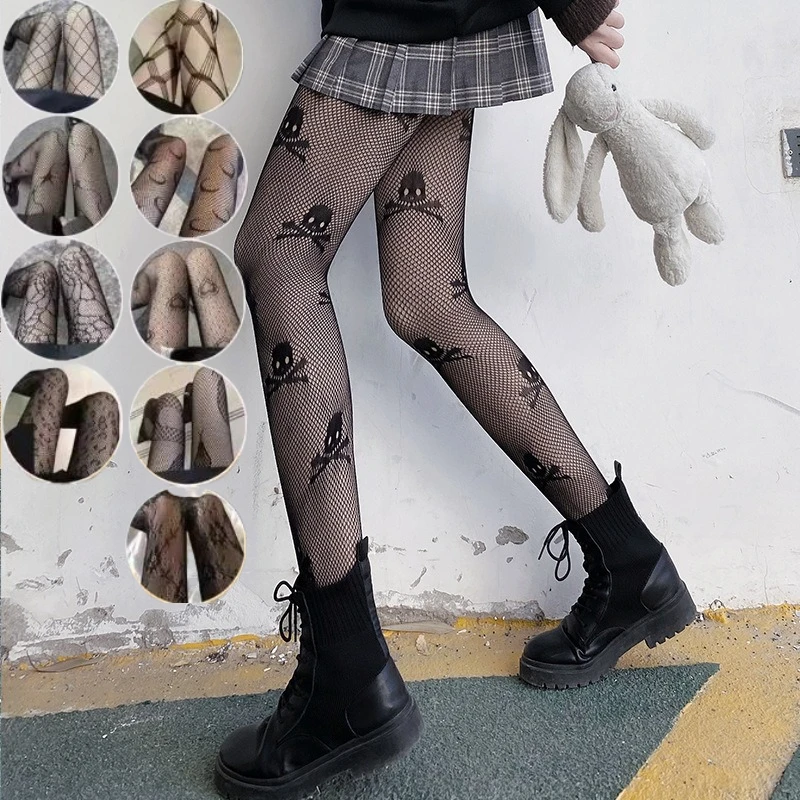 Schwarze sexy ausgehöhlte Netzstrumpfhose im Lolita-Stil, Fischnetz-Spitzenstrümpfe, Gothic-Punk-Retro-Spinnennetz-Strumpfhose für Damen und Mädchen