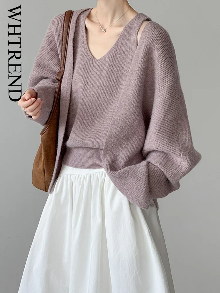 WHTREND Herbst Neue Lose Mantel + Weste Einfarbig Gestrickte Pullover Weibliche Casual Design Mode WH1741