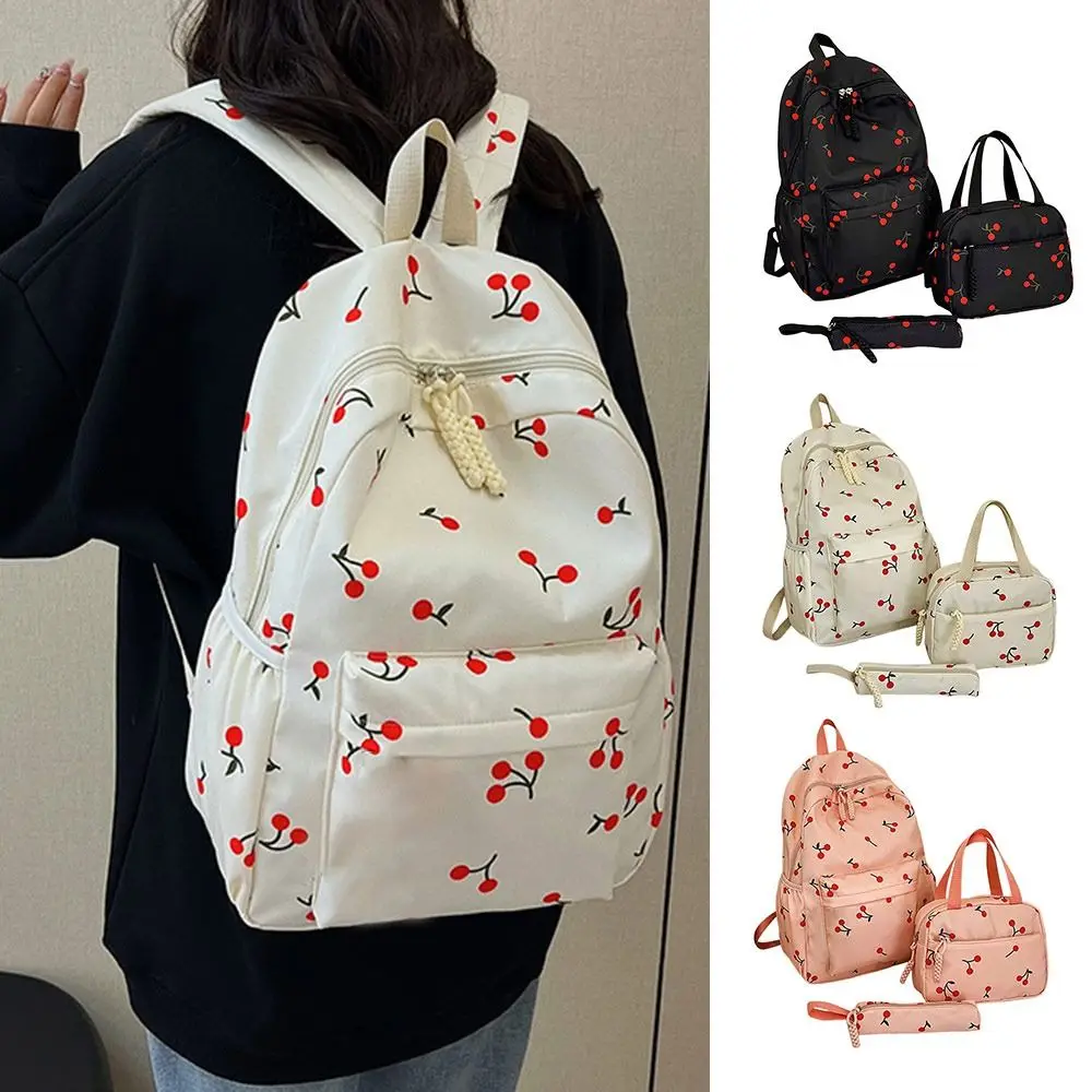3Pcs/Set Oxford Cloth Cherry Backpack Preppy Style Large Capacity School Bag with Lunch Bag & Pencil Case Adjustable