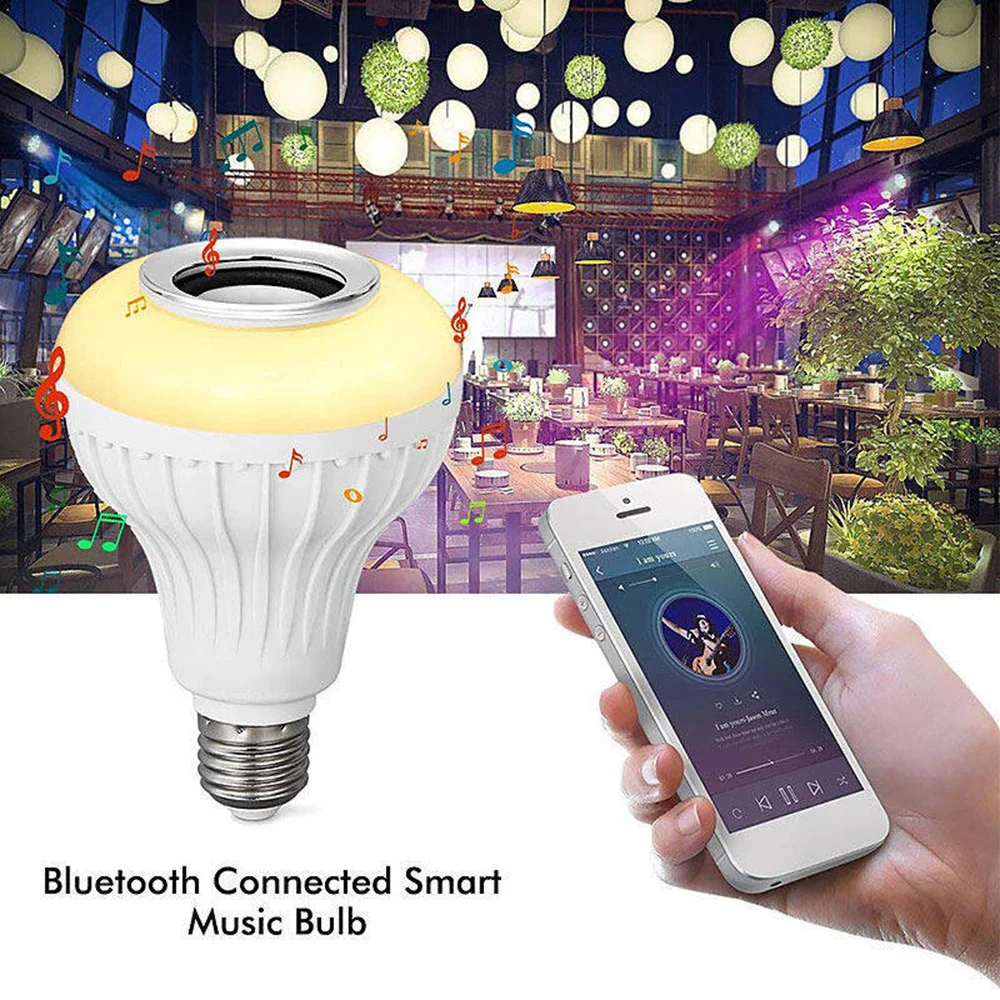 LED متعدد الألوان تغيير مصابيح كهربائية E27 12 واط RGB بلوتوث المتكلم لمبة لاسلكية الموسيقى اللعب ضوء مصباح مع جهاز التحكم عن بعد