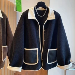 2023 nuova primavera autunno coreano giacca corta allentata donna di grandi dimensioni Casual Patchwork cappotto di lana di agnello moda femminile soprabito in pile