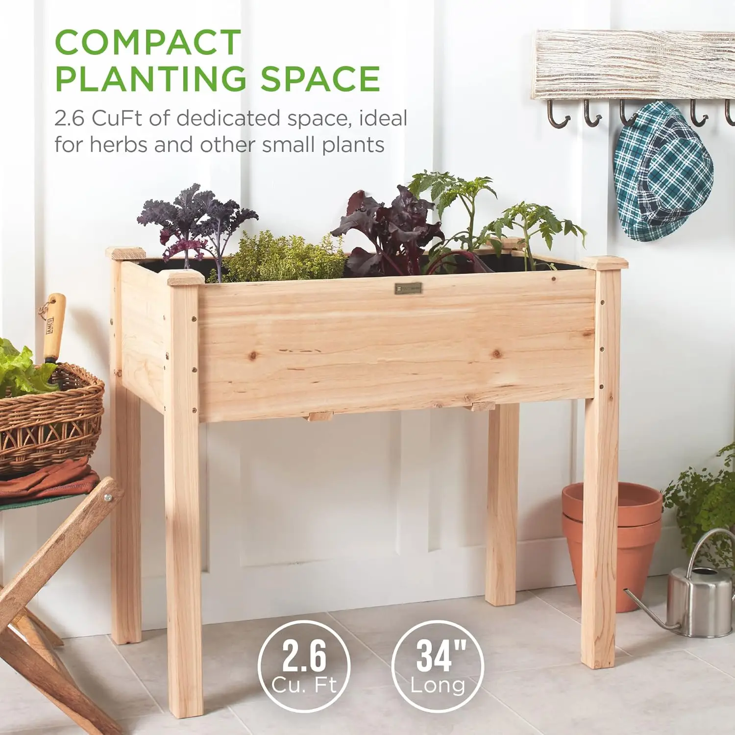 34x18x30in Raised Garden Bed, Elevated Wood Planter Box Stand for Kids, Backyard, Patio, Balcony w/Bed Liner, 150lb Capacity - Natural