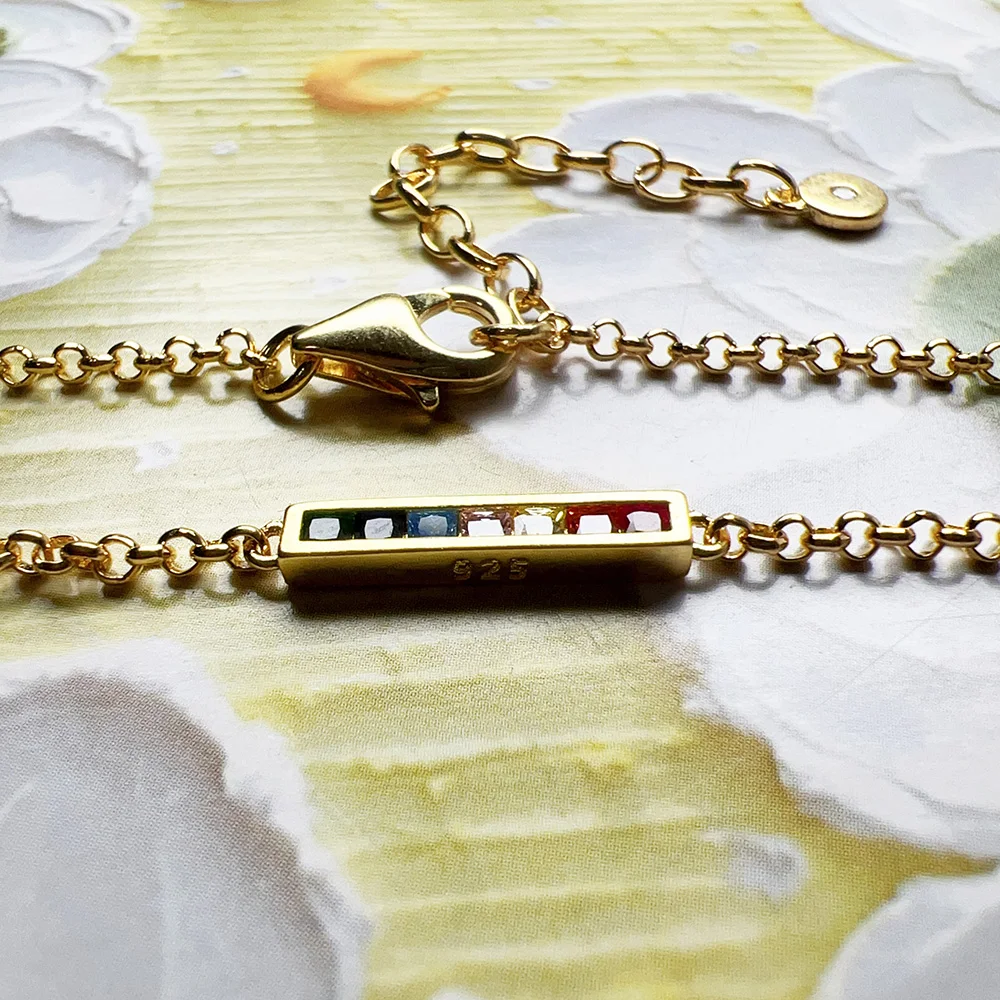 Gold Plated Bracelet Link Chain Colourful Stones 925 Sterling Silver Vintage Jewelry Europe Women Gift