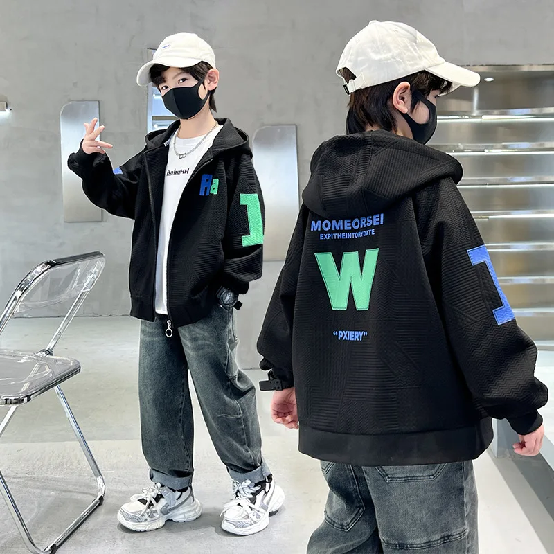 2026 New Spring/Autumn Baseball Jacket Kids Boys Korean Casual Loose Pocket Letter Bomber Sweatshirt Children Hooded Top 5-14 Y