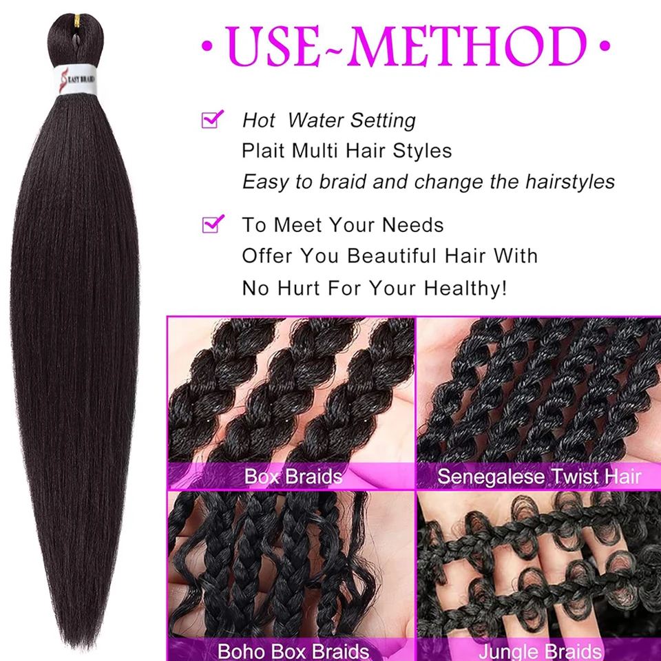 Cabello para trenzar preestirado, 8 paquetes, sintético, sin picazón, textura Yaki suave, se fija con agua caliente 3