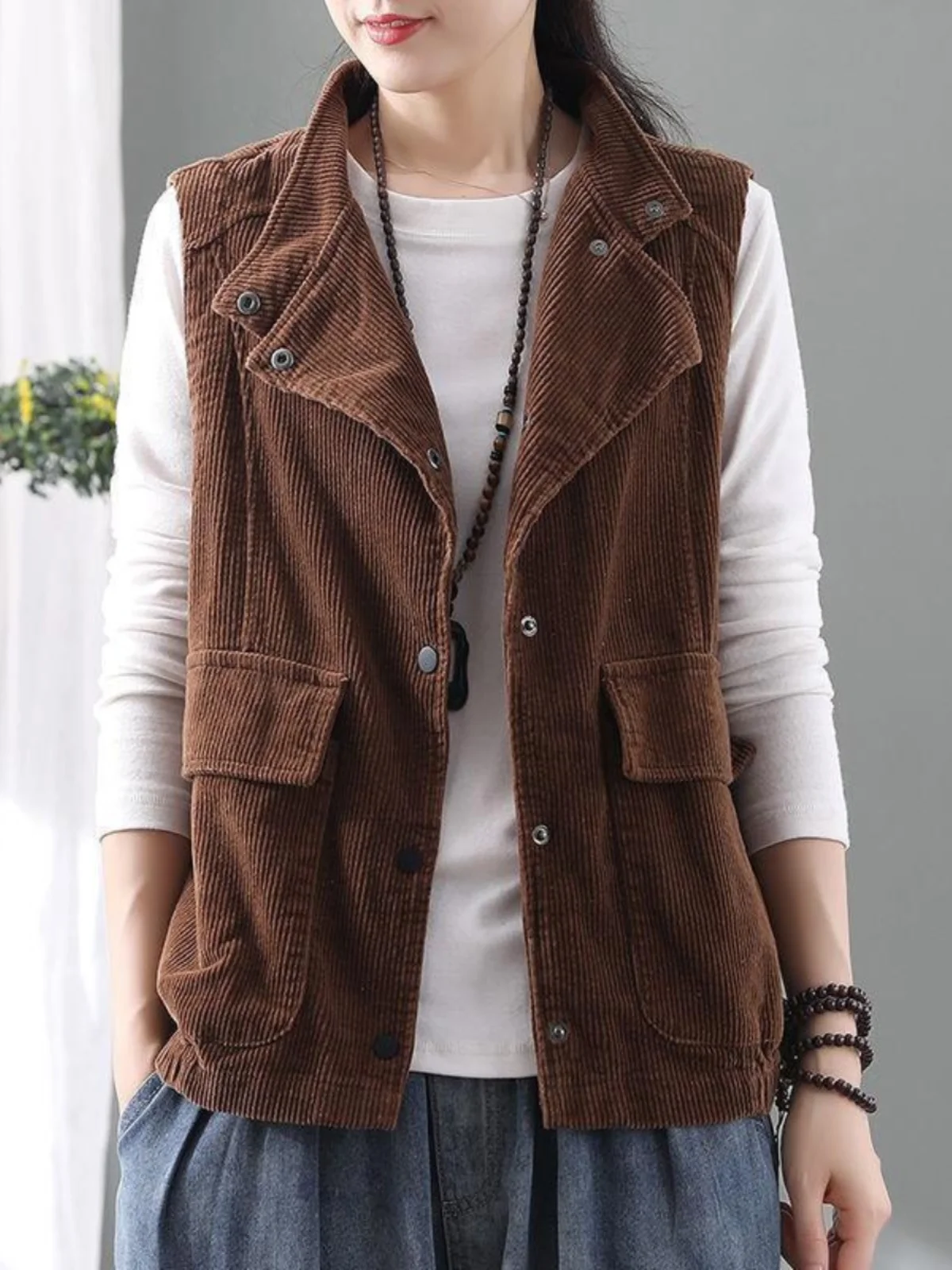 

Women's Vintage Loose Short Velvet Vest Double Layer Lined Casual Fashionable Shoulder Pad Jacket Winter Outerwear