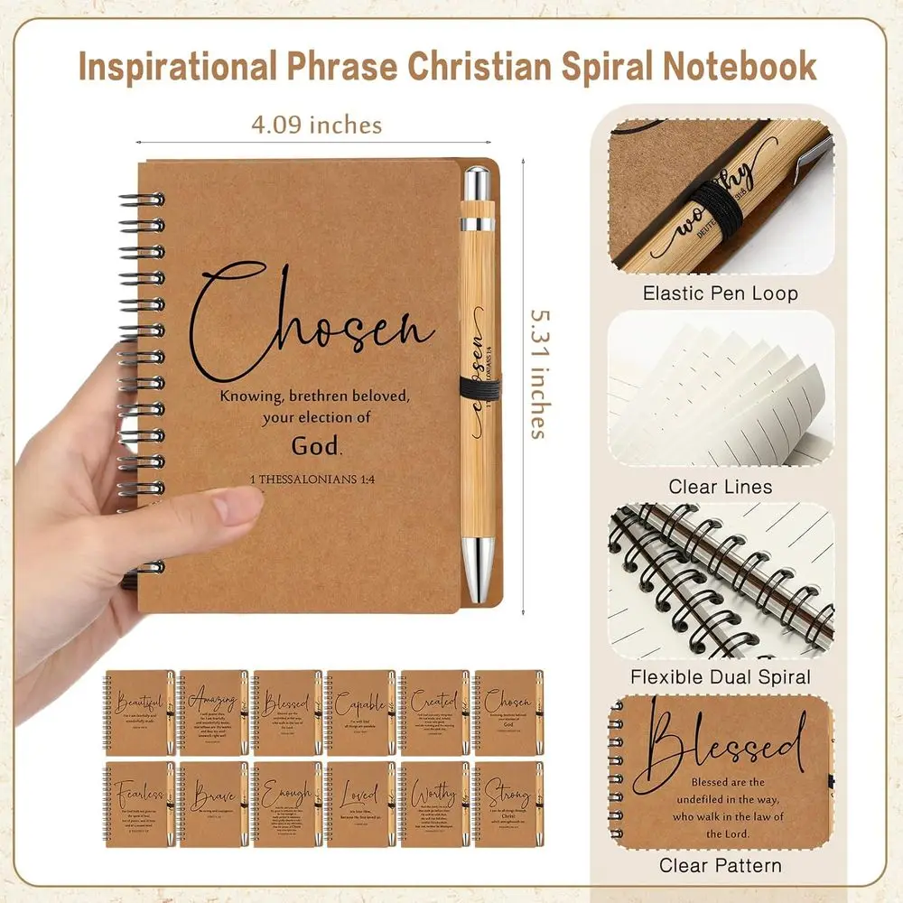 Bulk Christian Gifts: Pastor Ministry Christmas Spiral Notebook & Bamboo Pen with Bible Verses for Church & Sunday School (Brown