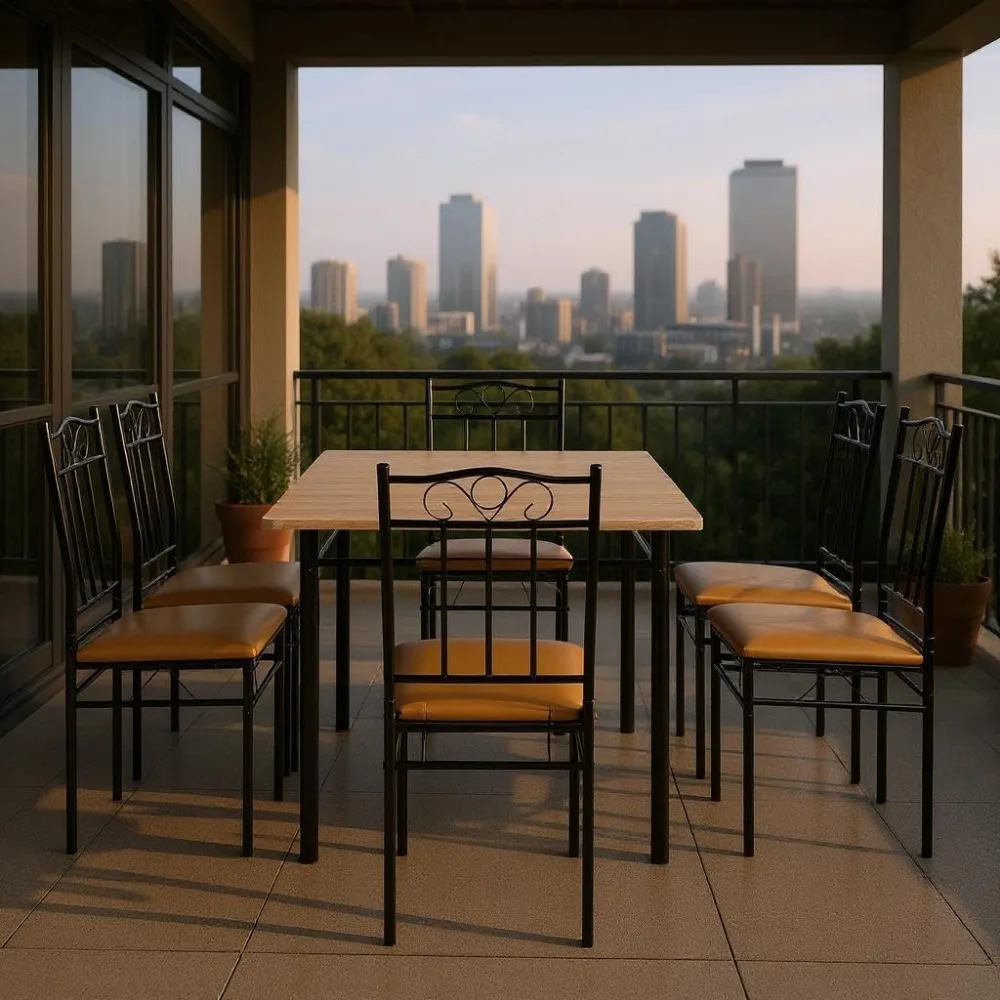 طقم طعام خارجي مكون من 7 قطع مع طاولة خشبية وكراسي معدنية محببة، مثالي لسطح السفينة والحديقة وتجمعات الشرفة #5