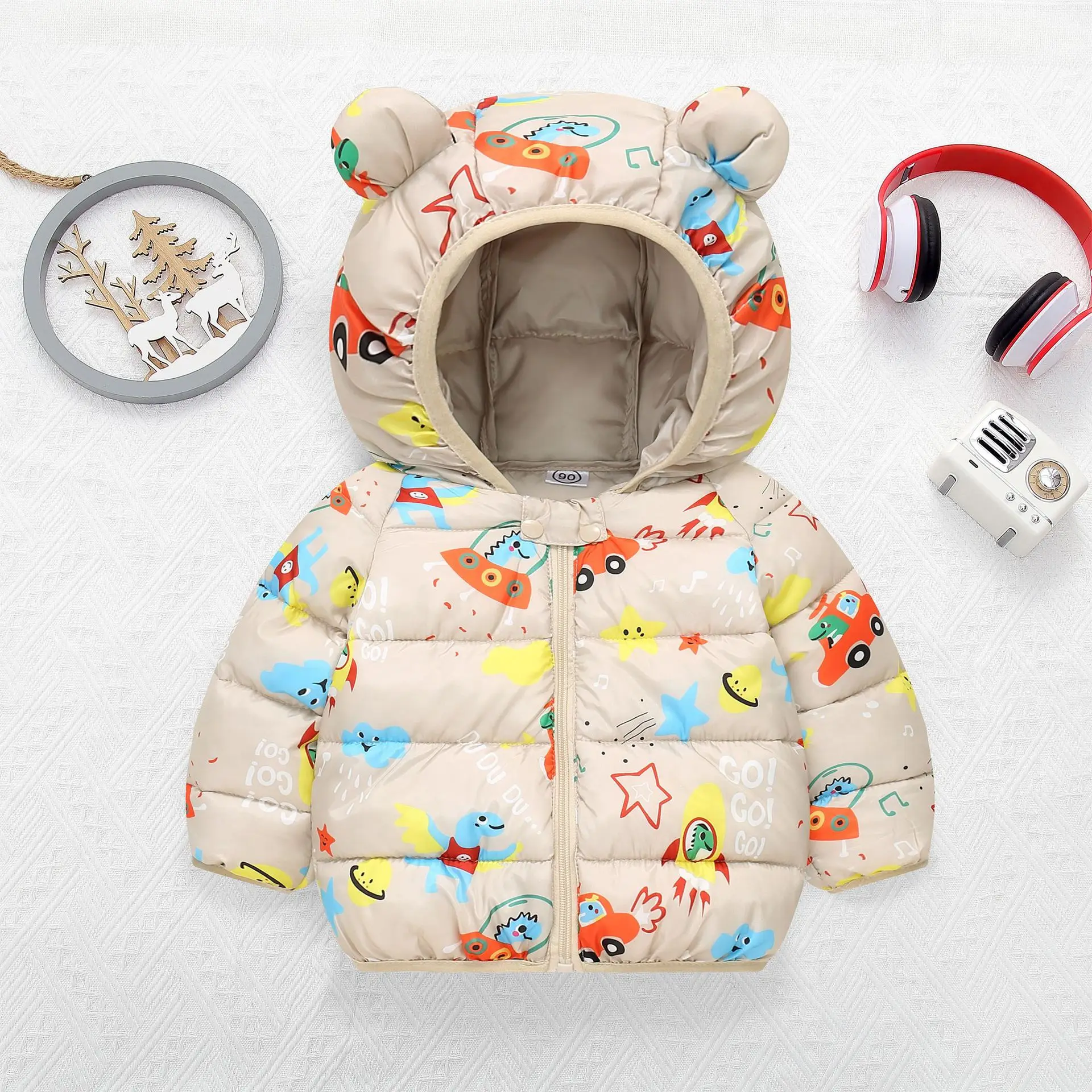 Girls Jacket Autumn and Winter Pink Cartoon Printed Children Warm Hooded Outerwear 1-5 Years Lightweight Down Baby Jacket