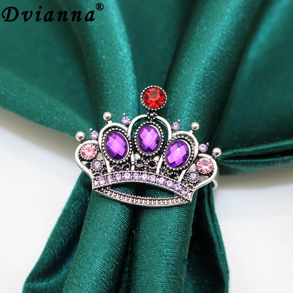 6Pcs Crown Napkin Ring Purple Rhinestone Napkin Holder Table Napkin Buckles for Dinning Christmas Wedding Party Table Setting