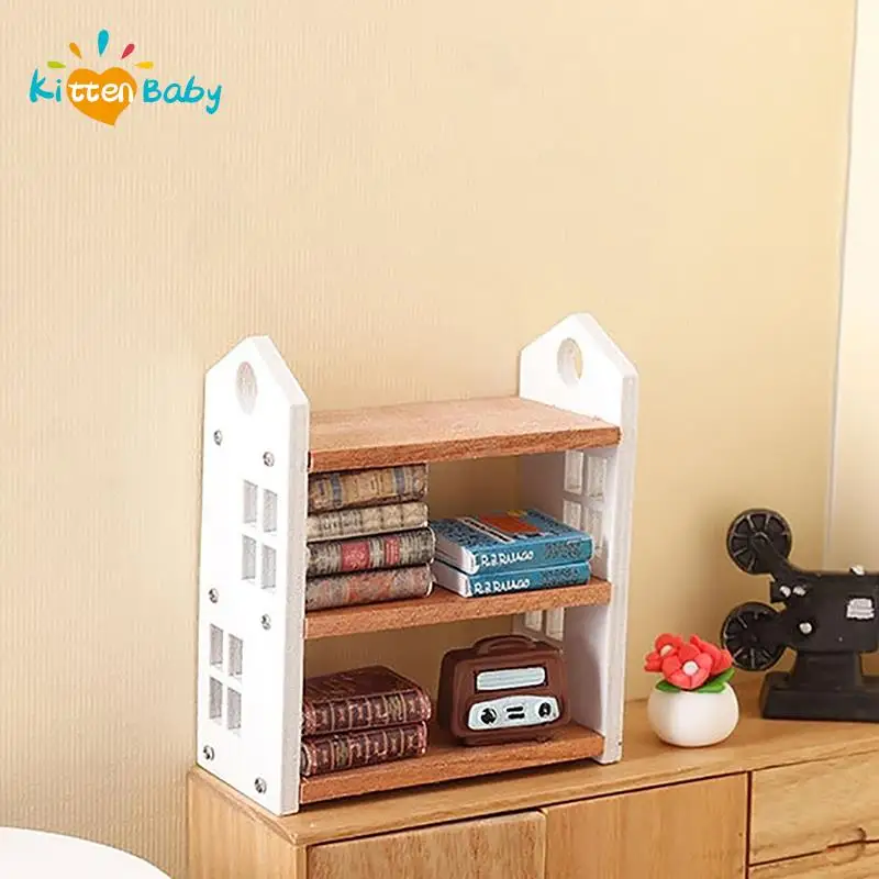 1/12 Dollhouse Bookshelf Storage Cabinet Miniature Closet Book Table Three-Layer Shelf Model Dollhouse Furniture Decor DIY Toys