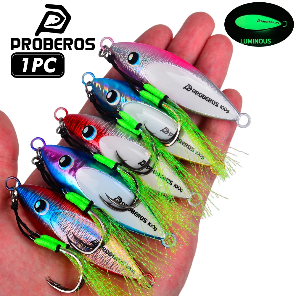 PROBEROS 1 Stück Metall-Jig-Angelköder 40-100g Leuchtender Jig-Köder Doppelte Assist-Haken 3D Lebensechte Augen Schnell Sinkendes Salzwasser-Angelzubehör