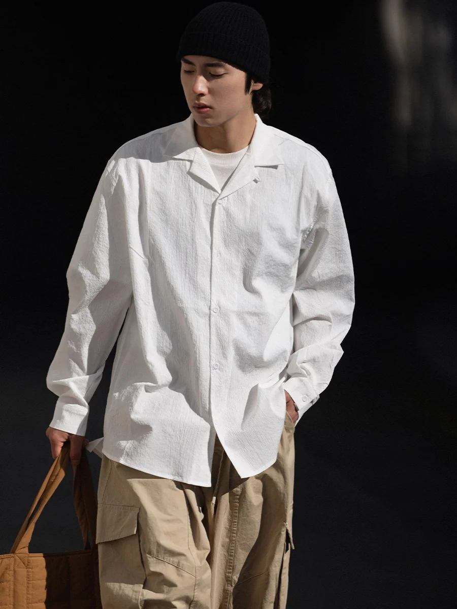 

Retro y Long Sve White irt for Men Spring Autumn Loose Fit Cuban Collar Design Sensation Sle Casual Wear