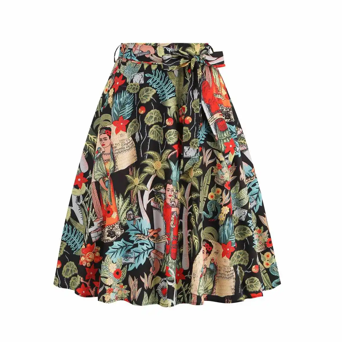 กระโปรงทรงเอเอวสูงแฟชั่นพร้อมเข็มขัดและซิปหลัง ลายดอกไม้ ความยาวระดับเข่า สไตล์เกาหลี ผ้าโพลีเอสเตอร์ผสมคอตตอน