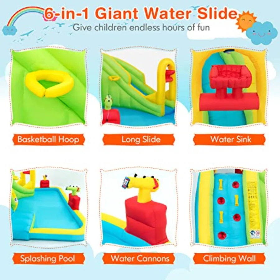 Inflatable Bounce House w/Slide, Climb Wall, Splash Pool, Water Cannon, Basketball Rim, Large Water Slide Park for Summer Indoor