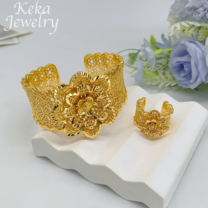 African 22k Gold Plated Classics Jewelry Set for Women Fashion Bracelet Ring Set America  Wedding Party Jewelry Daily Wear