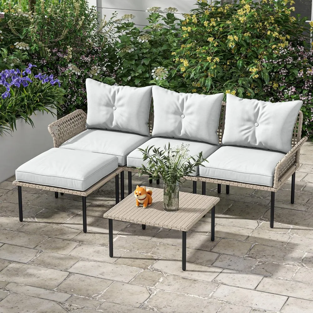 

5 Piece Patio Furniture Set, Outdoor Conversation Set with L-Shaped Sofa, Cushions, for Backyard, Lawn and Pool, Cream White