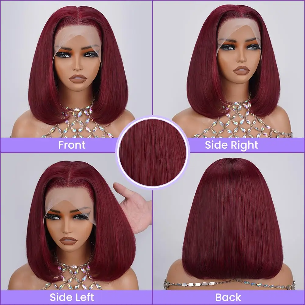 Wig Bob Burgundy 99J Rambut Asli 13x4 HD Wig Lace Frontal Transparan 8-14 Inch Wig Bob Pendek Rambut Asli Untuk Wanita