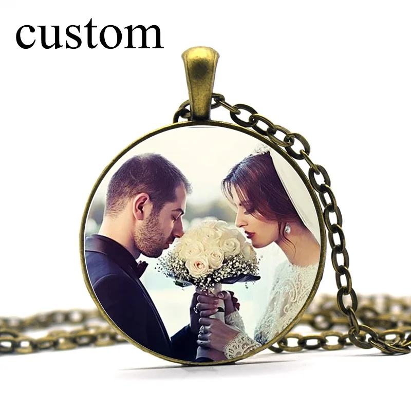 Custom Photo Cabochon Glass Necklace Personalized Logo Pendant Necklace Customized Picture Jewelry Christmas Gift