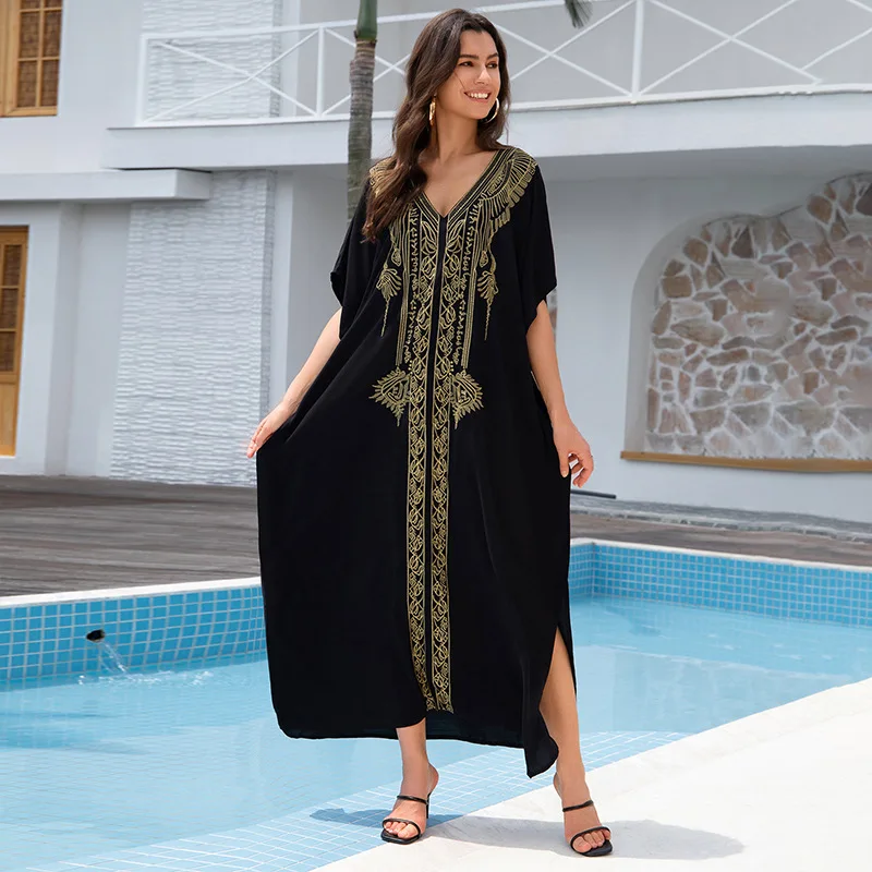 SuperAen 2025 New Cotton Gold Thread Embroidered Beach Blouse Loose Robe Dress Bikini Women Dress