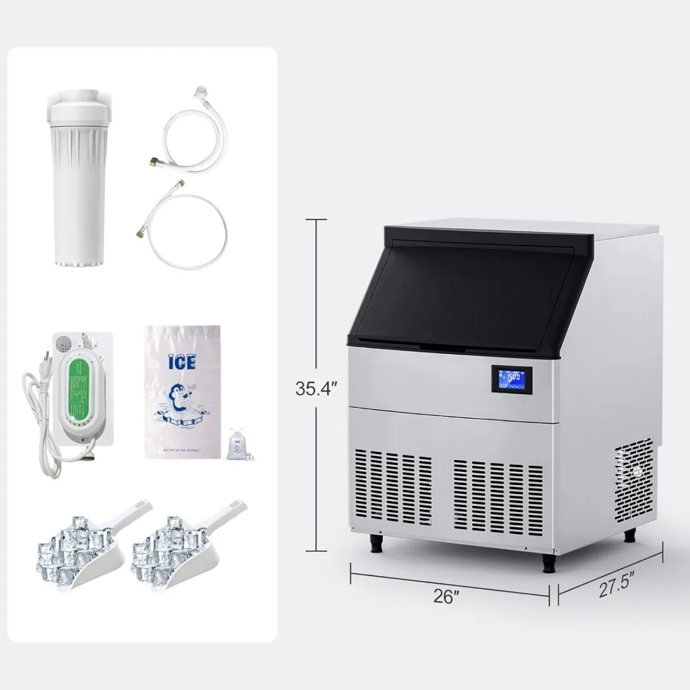 HAOYUNMA-Máquina De Gelo Comercial, 26 "Undercounter Ice Maker, Aço Inoxidável, 200Lbs/24H, com 80Lbs De Armazenamento