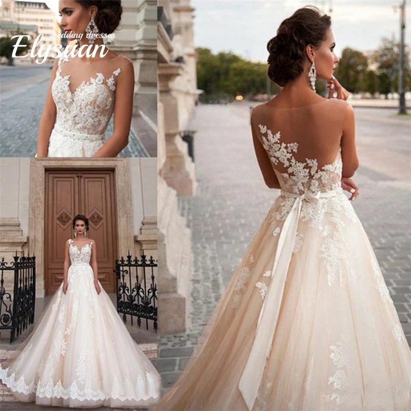 Customized Sheer Illusion Champagne Wedding Dress Lace Applique Tulle Bridal Gown Dress Detachable Beaded SashVestidos De Novia