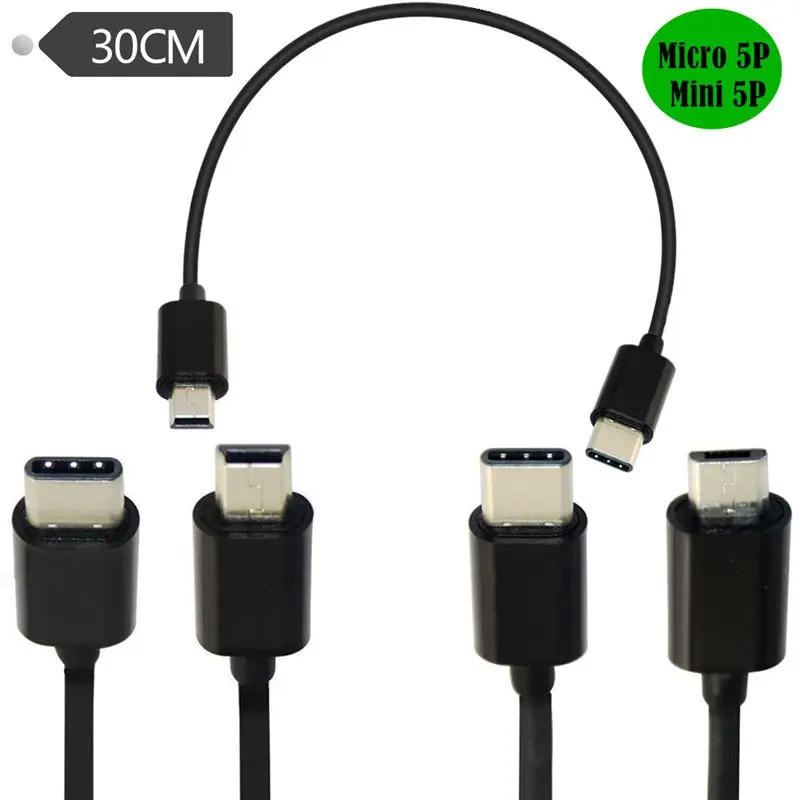 Charging And Data Phone USB 3.1 Type-C To USB 2.0 Micro 5P MINI 5P Cable 0.3 Meters