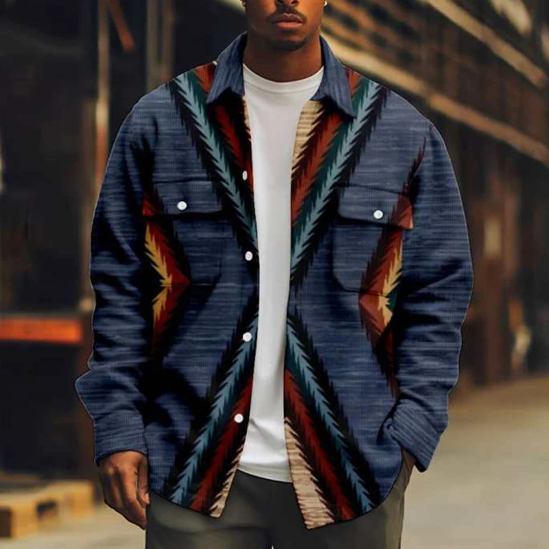 Vestes imprimées patchwork rétro pour hommes, manteau décontracté à revers, poche à simple boutonnage, mode automne et hiver, 2024