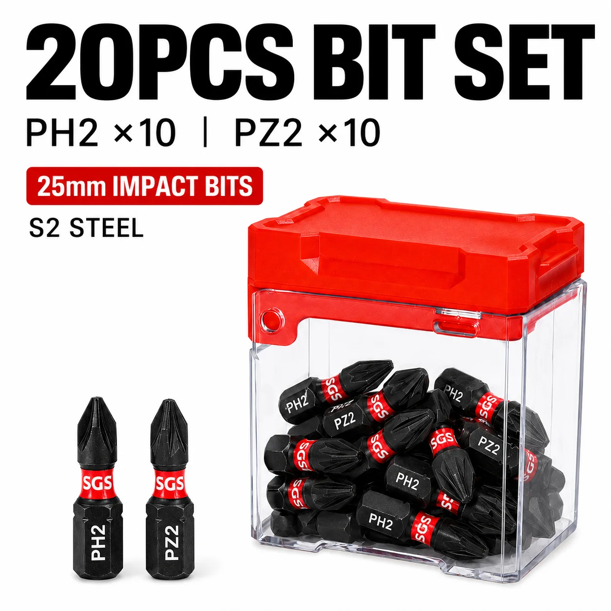 20/40PCS 25mm PH2 PZ2 Impact Screwdriver Bit Set S2 Steel Magnetic Phillips Pozidriv Bits 1/4 Hex Shank for Impact Driver Power Drill with Storage Box view 5