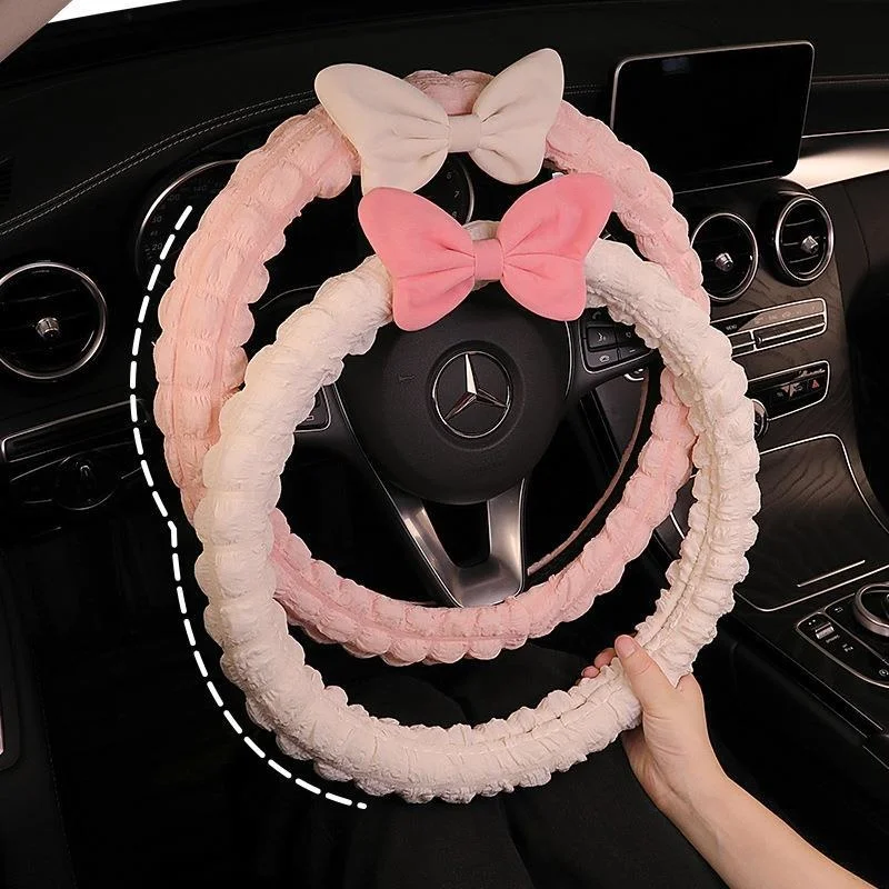 Cute Cartoon Car Steering Wheel Cover For Women Puff Bowknot Universal Anti Slip Handlebar Cover Girls Interior Accessories