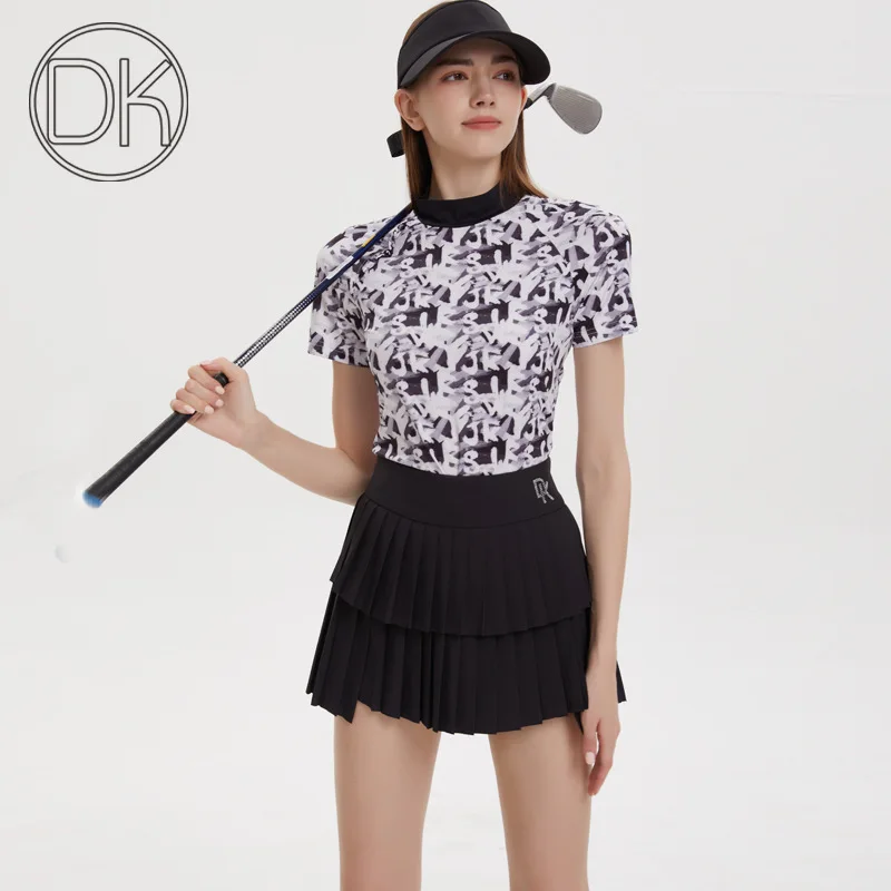 Korean Women\'s Golf Wear Quick Dry Shirt Black Pleated Skirt Tennis Skort Outdoor Fitness Badminton Outfit 2024 Sportswear