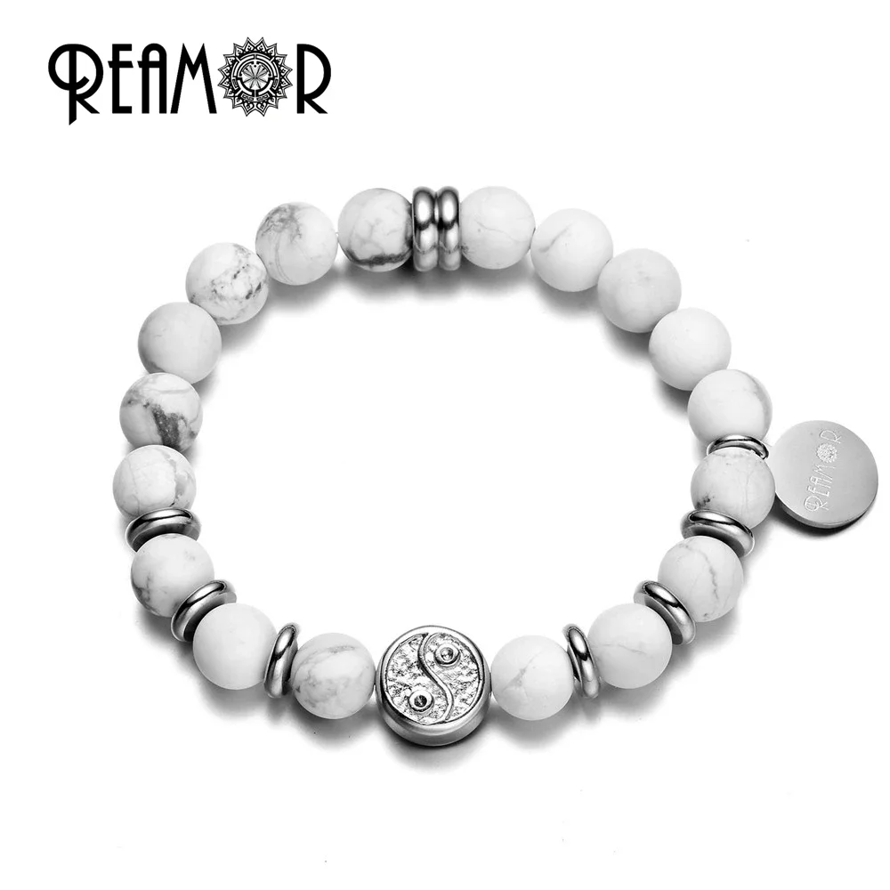 REAMOR 316L Stainless Steel Tai Ji Beads Bracelet White Howlite Truquoises Natural Stone Patience Stretch Bracelets & Bangles