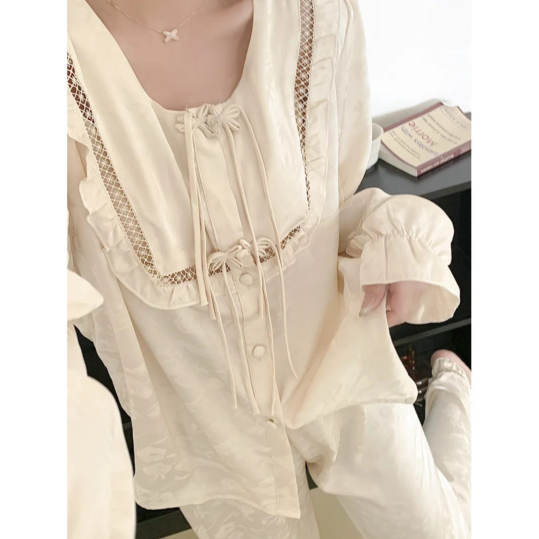 Female Pajamas Set Chinese Style Sleepwear Trouser Suits Exquisite Jacquard Long Sleeve Pijamas Suit LoungeWear Loose Home Wear