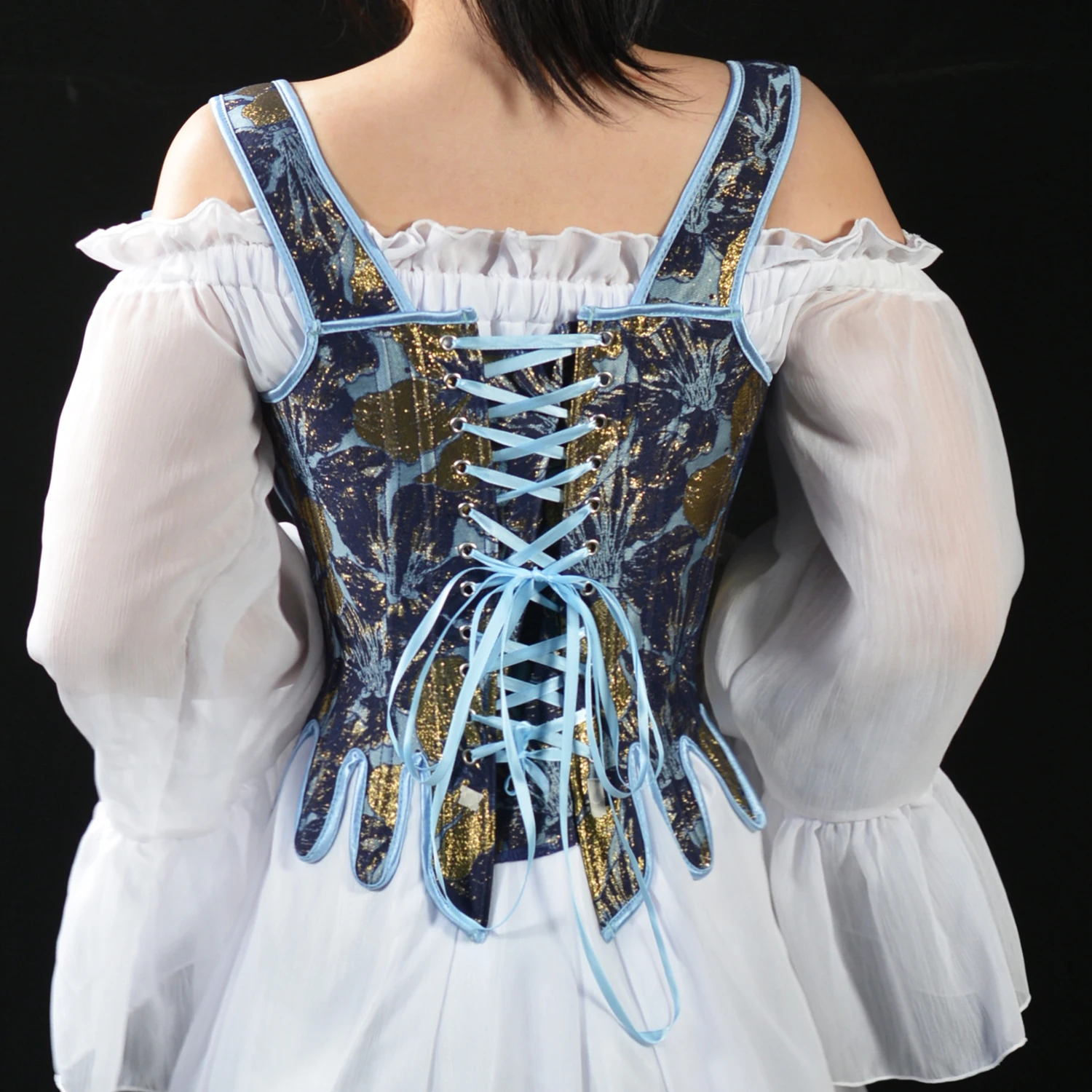 Gold Blue Bustier Corset Top Aesthetic Elegant Lady Trim Square Neck Spaghetti Strap Crop Top Vest