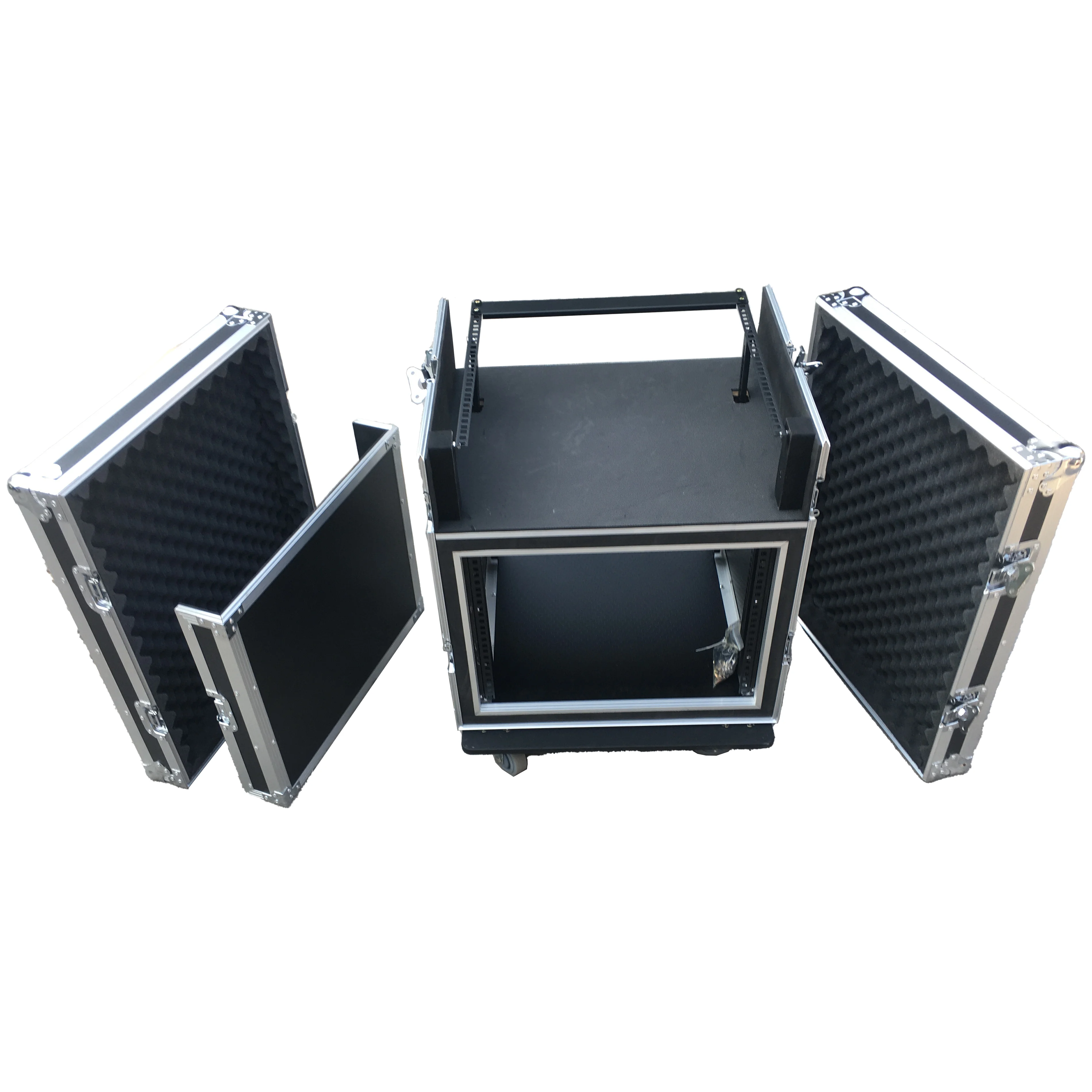High Quality OEM 8U+4U DJ Mixer Rack Amplifier Shock Mount Flight Case 3 Doors 4 Spinners Stretchable Bracket IP67 Waterproof