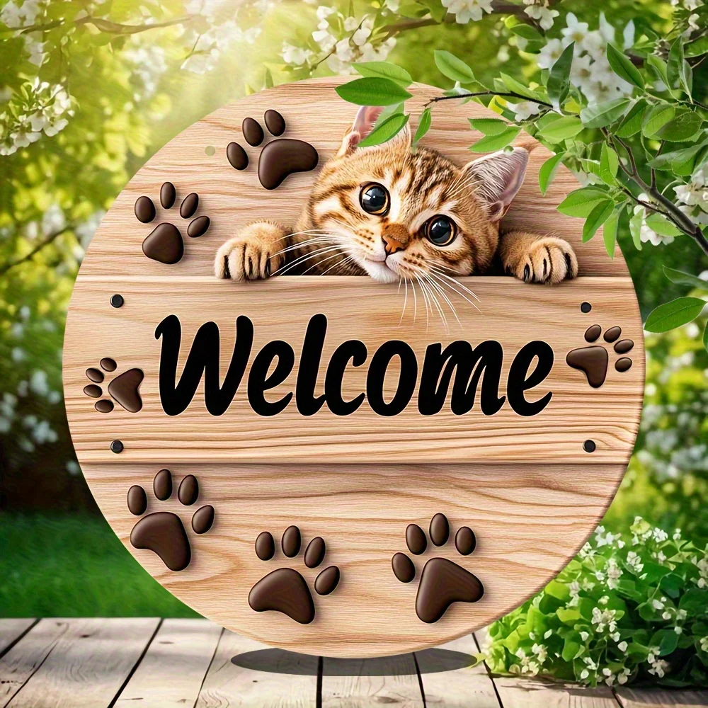 2D Flat, 1pc Vintage Wooden Welcome Sign with Adorable Peeking Kitten & Paw Prints - Bohemian Laser-Printed Artificial Wood Wall