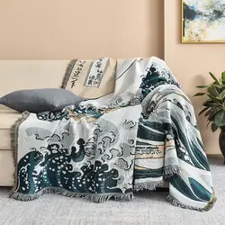 Japanese Ukiyo-e Great Wave Jacquard Throw Blanket The Great Wave Off Kanagawa Woven Tapestry Retro Art Decorative Sofa Cover