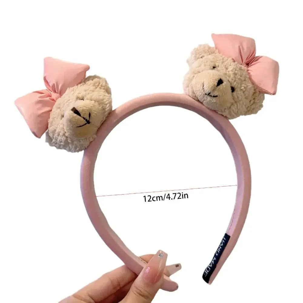 Diadema de oso pequeño con lazo dulce, muñeca de felpa para lavado de cara, diadema de felpa de dibujos animados, tocado bonito, aro para el pelo de oso, maquillaje