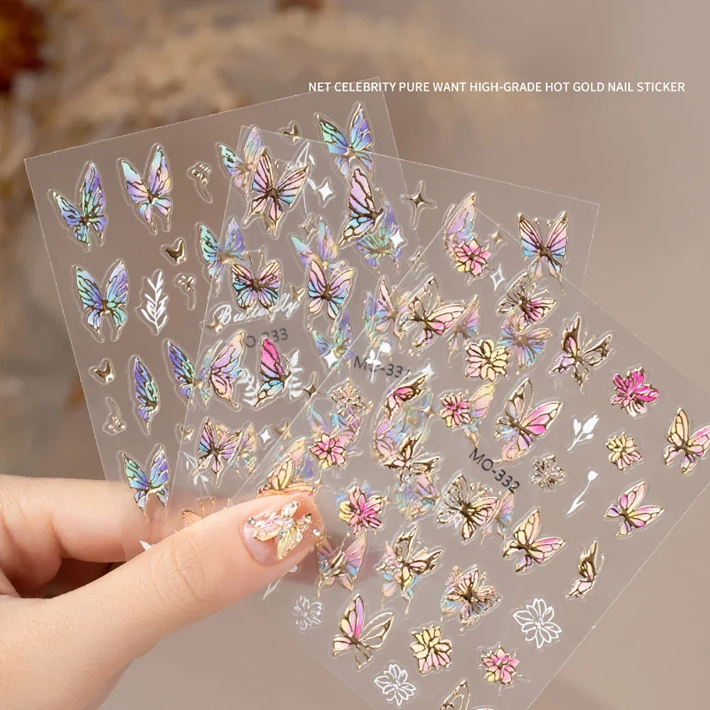 New Butterfly Rose Ribbon Bow Relievo Nail Sticker Blue Glass Flower Hot Stamping Nail Stickers Manicure Decals Nail Ornament