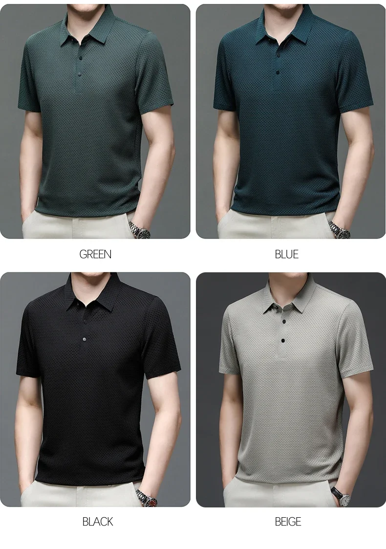 Sommer Neue männer Lop-up Hohl kurzarm Polo-Shirt Eis Seide Marke Kleidung Atmungsaktive Business-Mode T-Shirt männlichen Bis 6XL – Detail 23