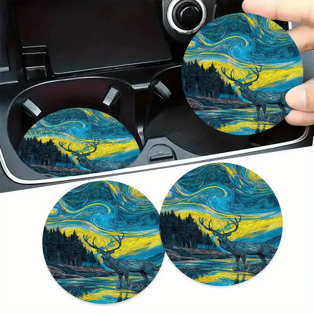 Van Gogh Starry Night Twilight Deer EVA Car Coasters 2pcs. Elegant Artistic Decor For Car Home & Office Holiday Gifts.