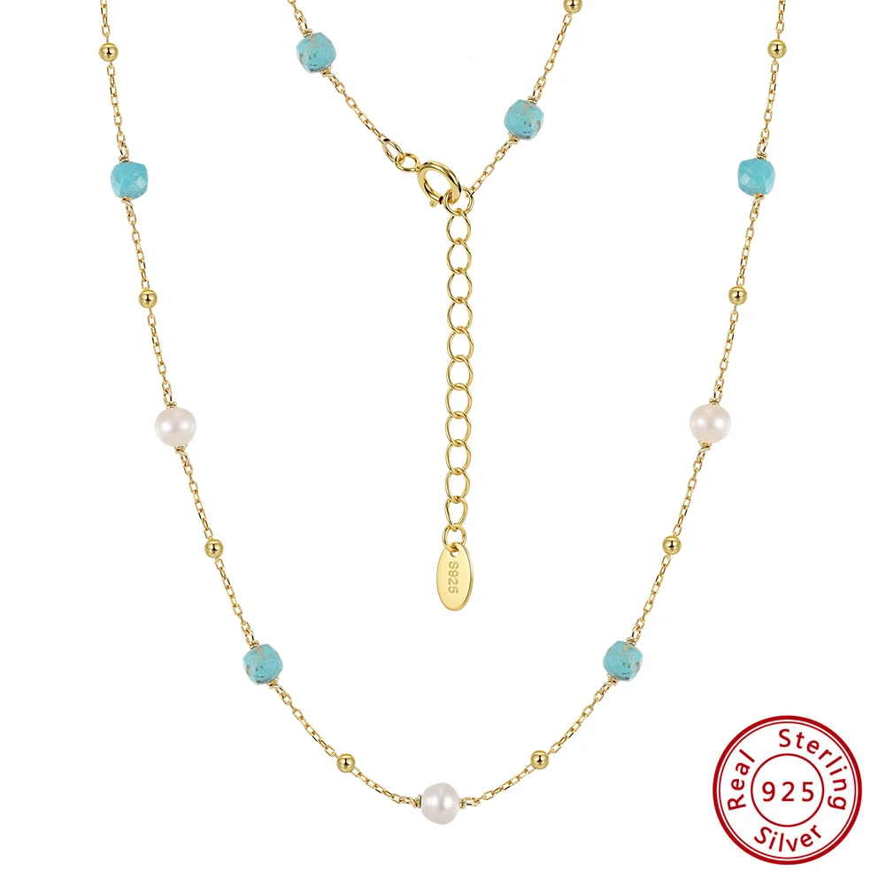 KISS MANDY Bohemian Natural Stone Turquoise Pearl Beaded Necklace for Women 925 Sterling Silver Choker Trendy Jewelry Gift MPN12