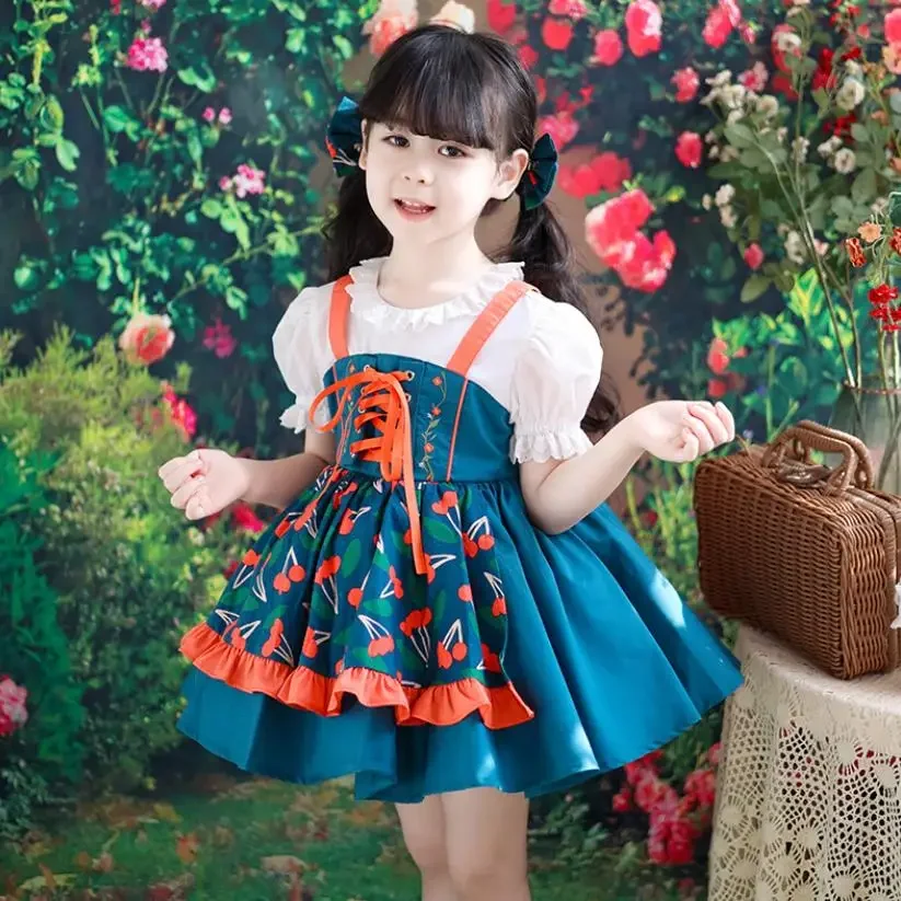 

2024 Summer New Spanish Vintage Lolita Princess Dress Puff Sleeve Print Design Birthday Holiday Casual Girls Dress A3766