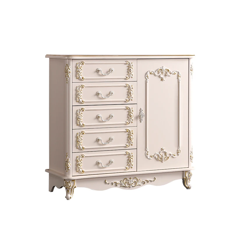 

European-style chest of drawers with fan, bedroom storage cabinet, locker, ivory white lacquered solid wood drawer engraved ligh