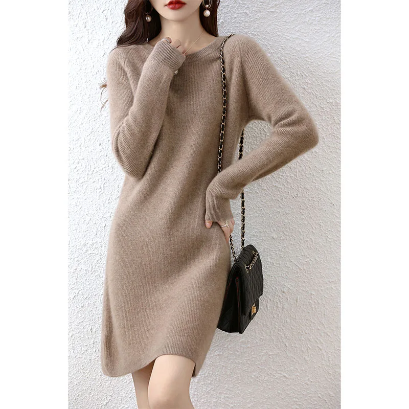 Dresses for Women\'s 2022 Fashion Sweater 100% Merino Wool Winter Ladies O-Neck Warm Knitted Dress Fall Female Casual Black Skirt